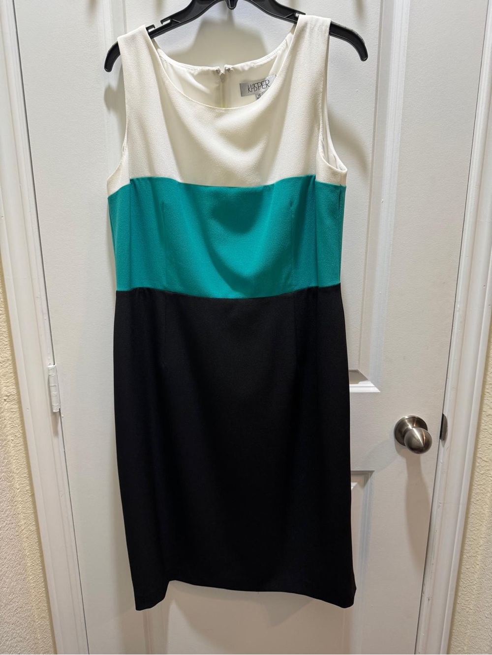 Kasper Ivory, Teal & Black Colorblock Sheath Dress